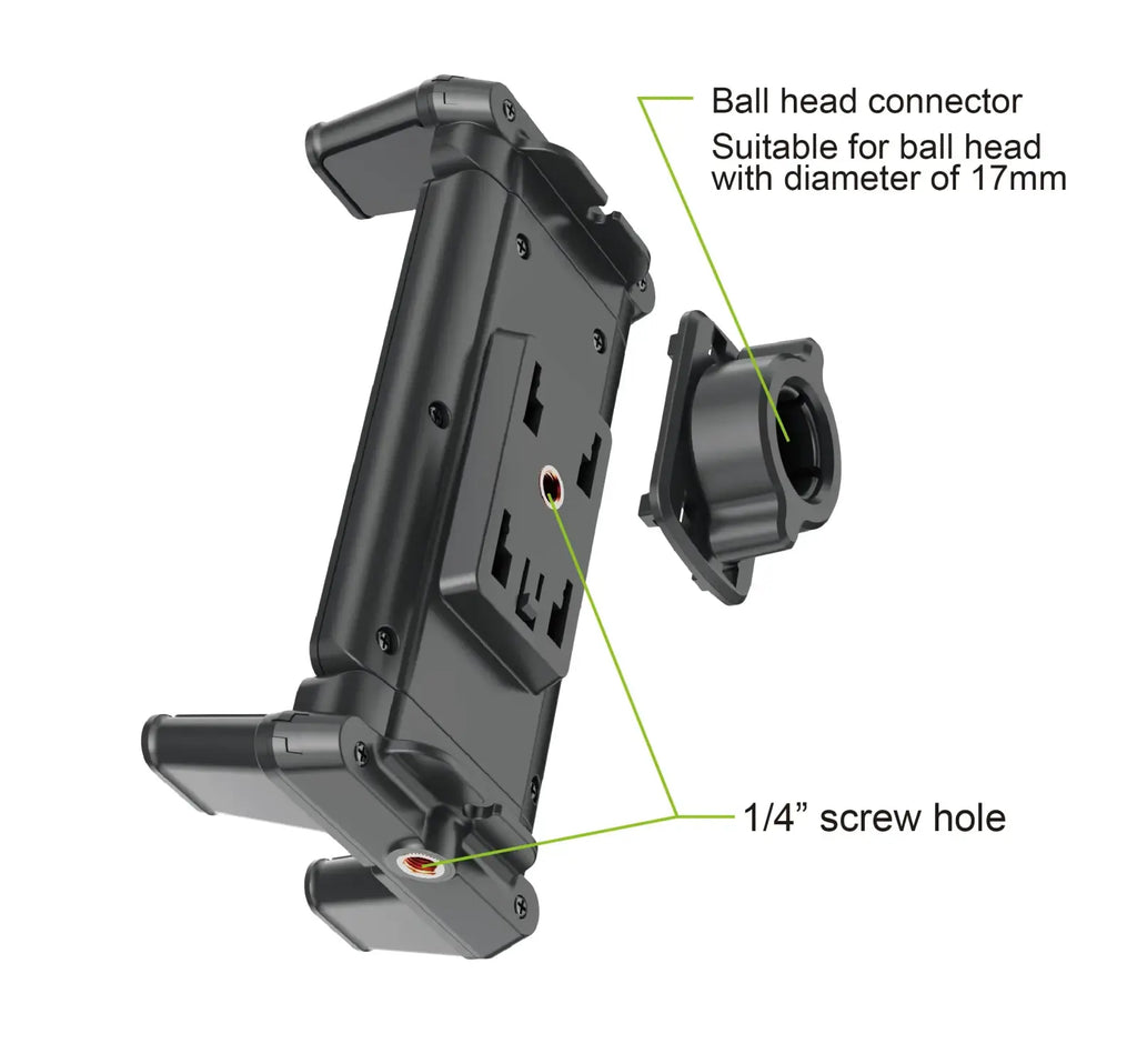 Black plastic tablet tripod mount with ball head connector for 17mm diameter and 1/4 screw hole universal holder
