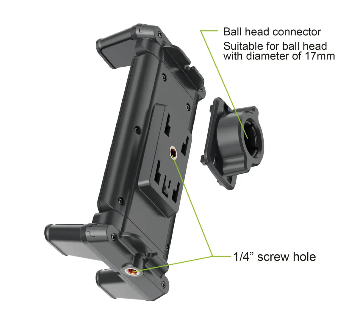 Black plastic tablet tripod mount with ball head connector for 17mm diameter and 1/4 screw hole universal holder