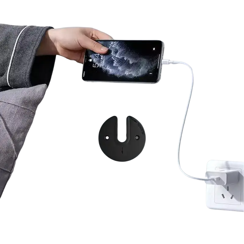 Black circular tablet wall mount adjustable router holder with u shaped cutout and two screw holes for wall mounting