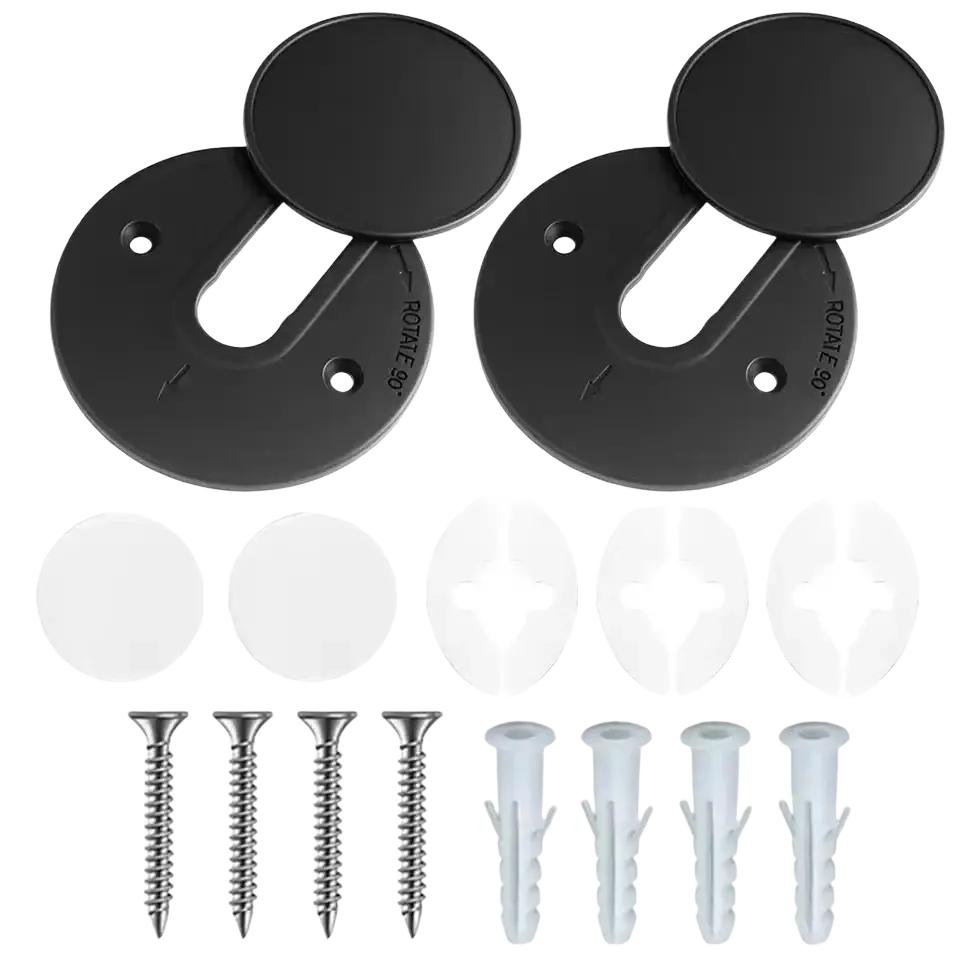Black circular matte finish wall-mounted door stoppers with rotating mechanism for tablet wall or card board mounts