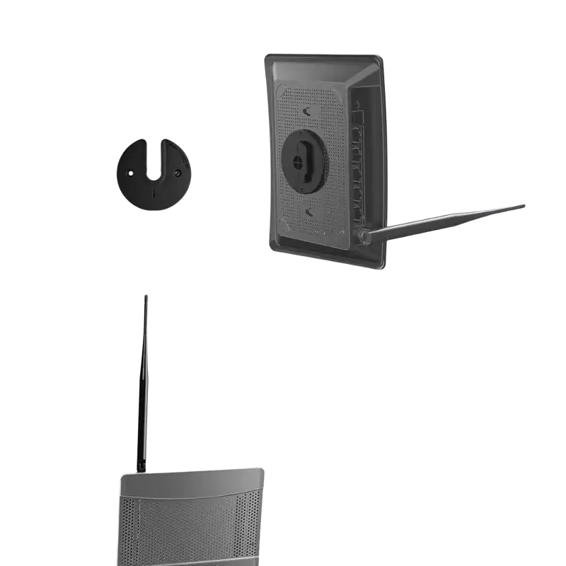 Black plastic tablet wall mount adjustable router holder with circular base plate and bracket for secure mounting