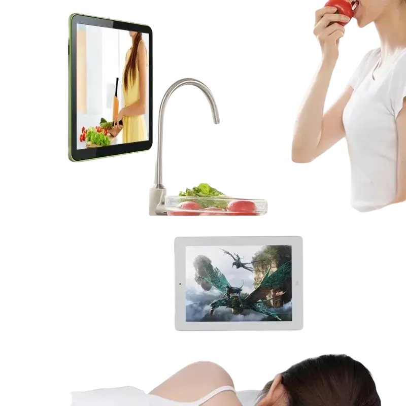 Silver-framed tablet with sleek design and black screen displaying kitchen scenes on a tablet wall mount adjustable router holder