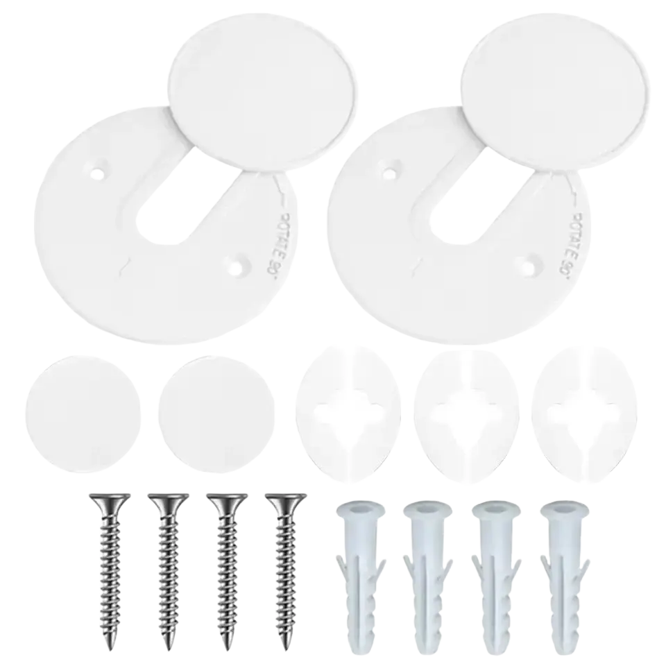 White circular wall-mounted hooks with sleek minimalist design and plastic anchors for tablet wall adjustable router holder