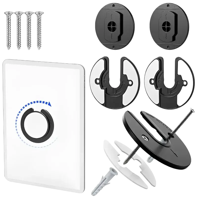 White tablet wall mount adjustable router holder with black grip and card board mounting plate for wall installation
