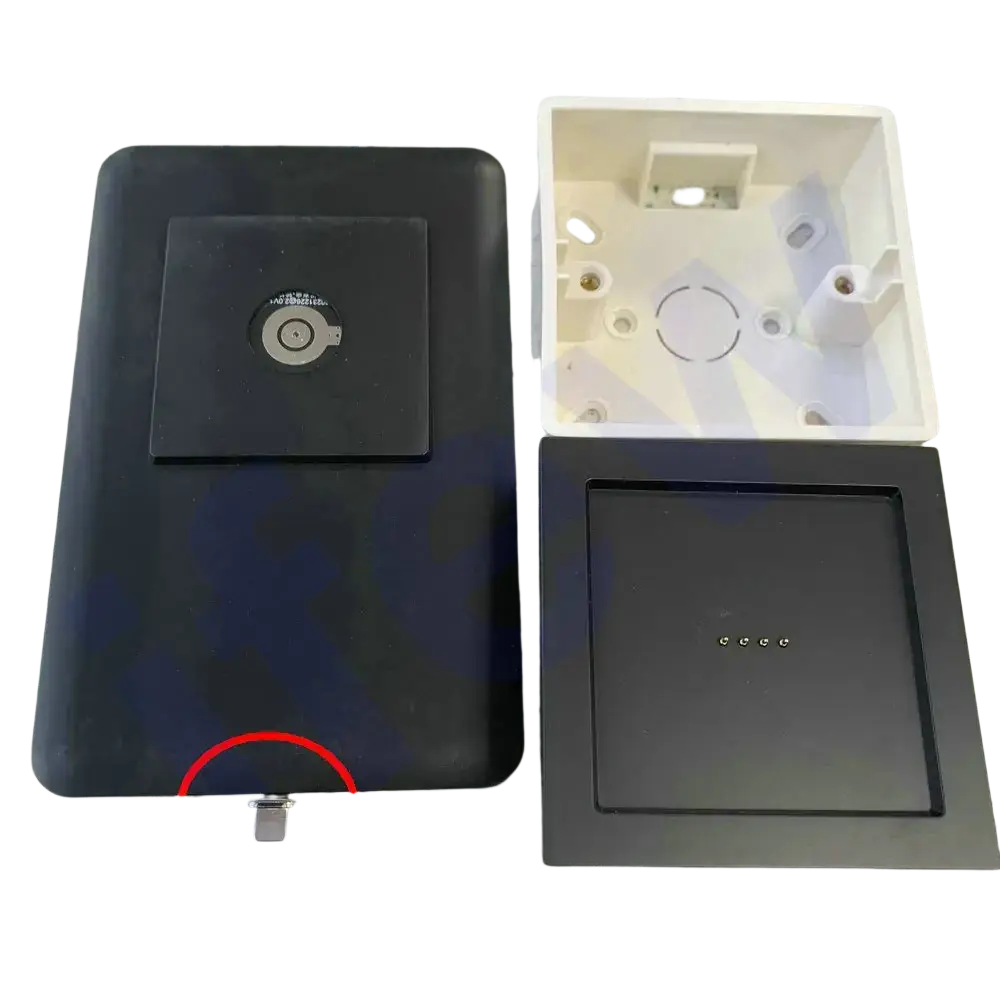 Black rectangular ipad charging dock with circular port and 8-pin lightning connector for tablet wall mount magnetic bracket