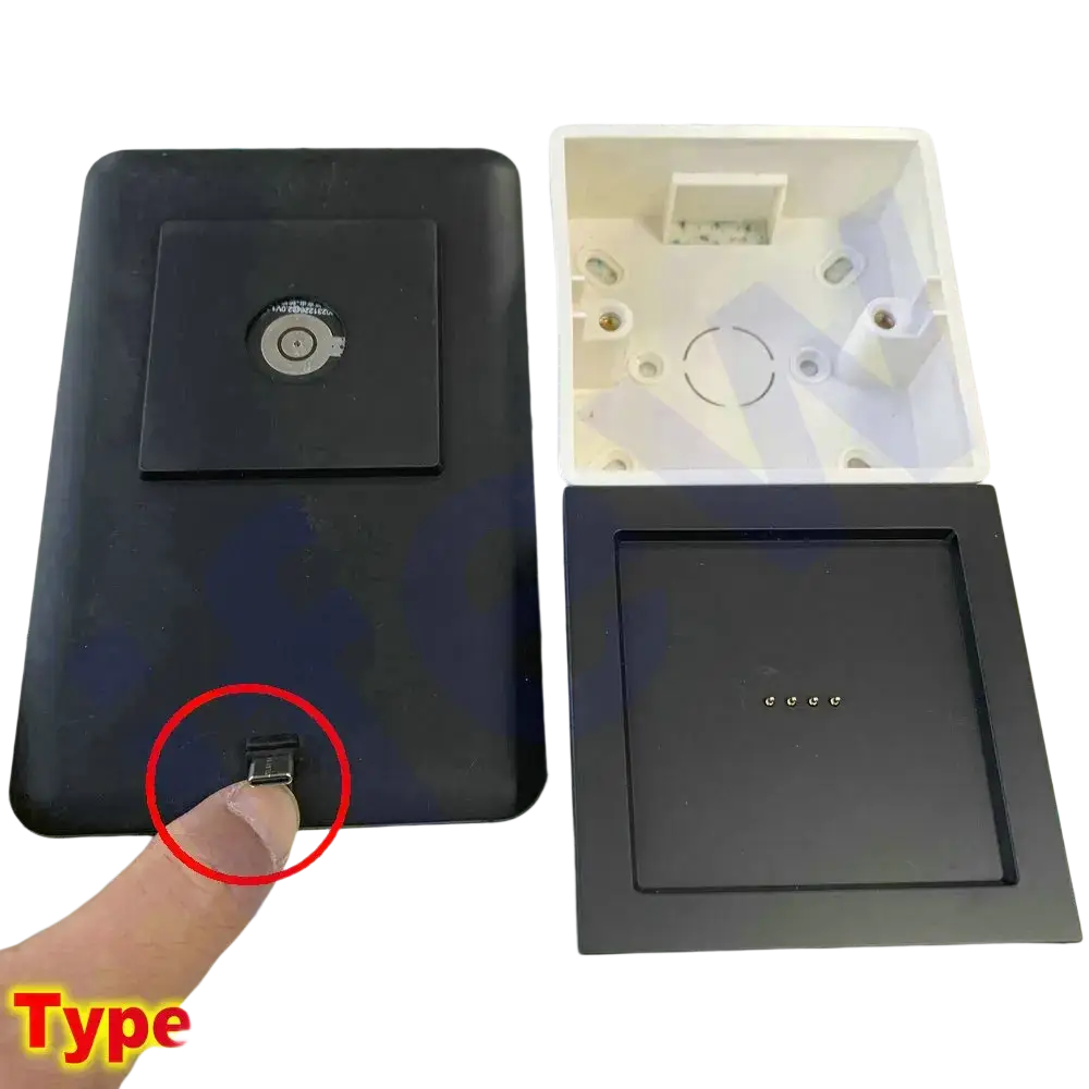 Black rectangular wireless charging pad with circular silver center and type-c port for tablet wall mount magnetic bracket