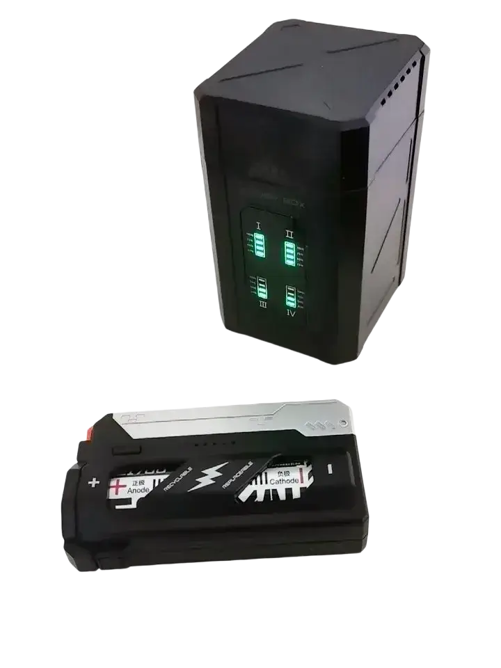 Black rectangular tactical 5000mah portable power bank with green led indicators and labeled battery pack for working days use