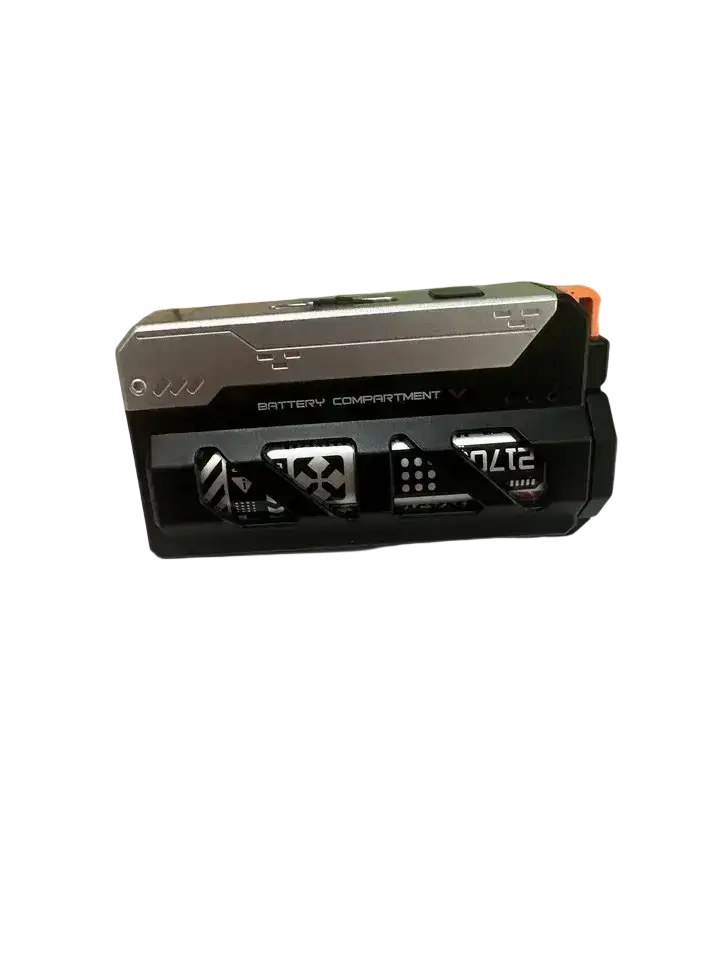 Black and silver tactical 5000mah portable power bank with orange accent and durable battery compartment design for working days use