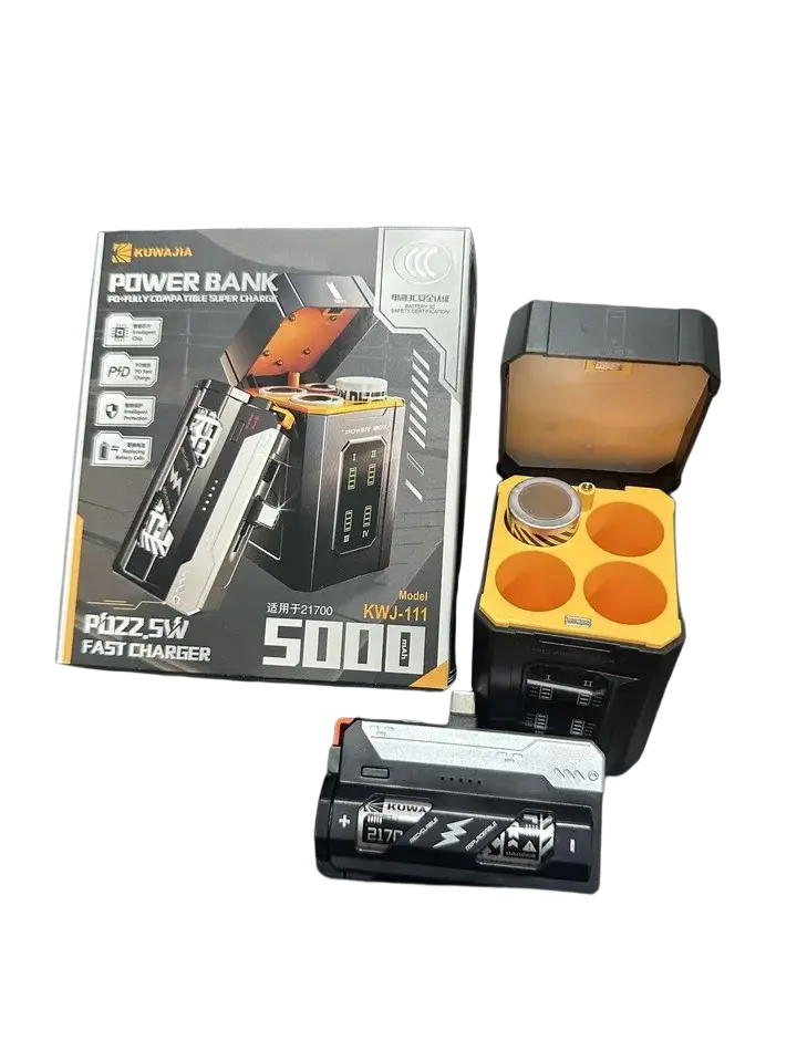 Black and orange kuwaja kwj-111 tactical 5000mah portable power bank fast charger with rugged futuristic design for working days use