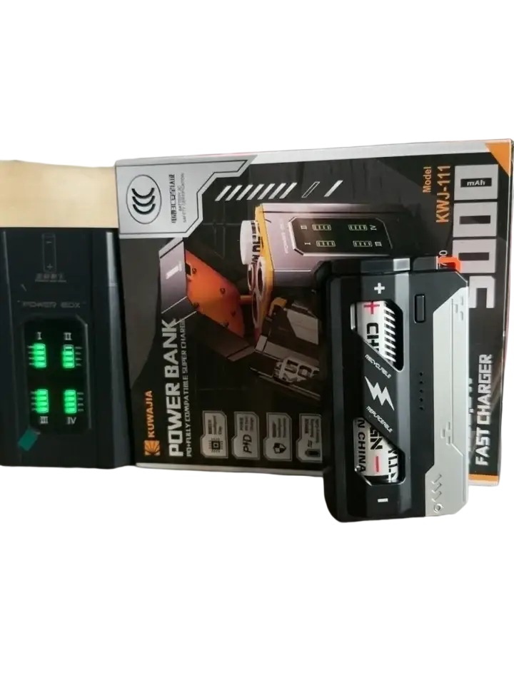 Tactical 5000mAh black and silver kuwaja kwj-111 power bank with rugged design and multiple ports for fast charging