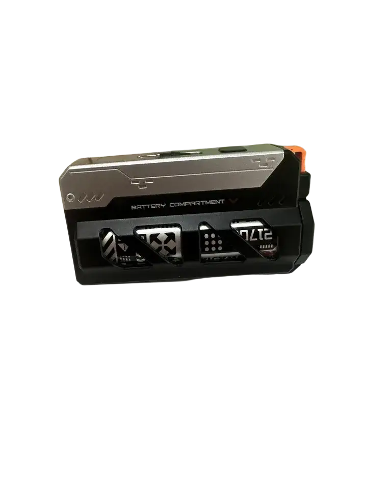 Silver and black tactical 5000mah portable power bank with orange accent and textured grip for fast charging in working days