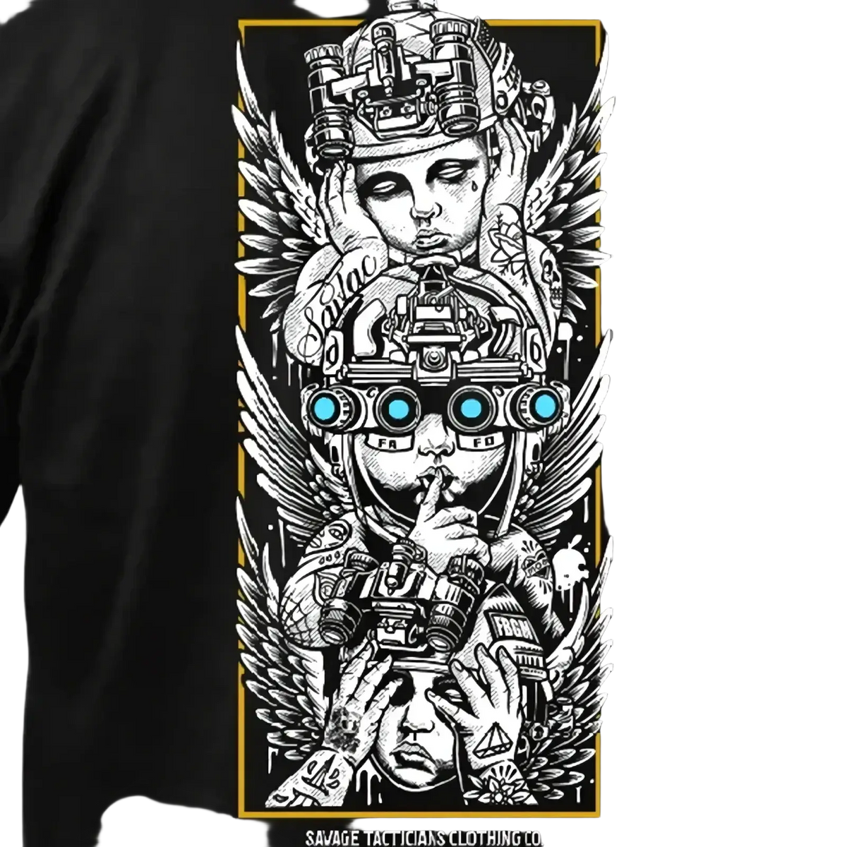 Black cotton tactical angel t-shirt featuring a detailed black and white angel graphic with gold trim and tactical gear