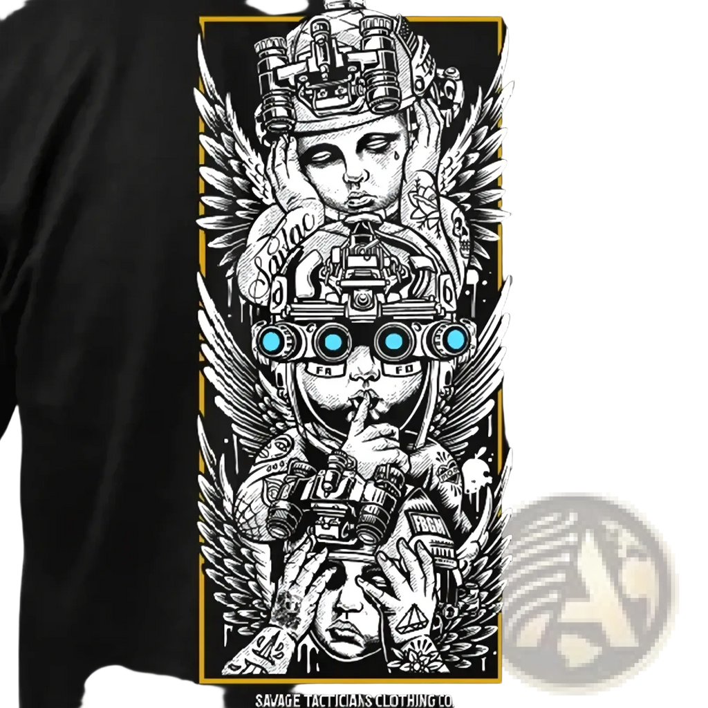 Black cotton tactical angel graphic t-shirt with detailed white line-art faces wings binoculars and gold border