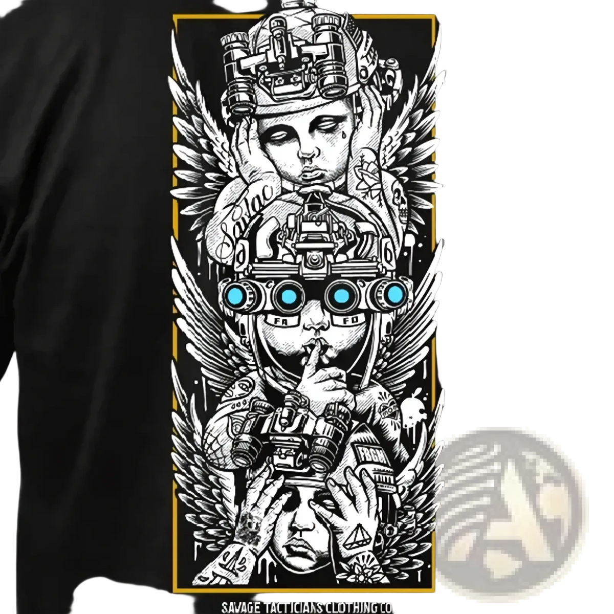 Black cotton tactical angel graphic t-shirt with detailed white line-art faces wings binoculars and gold border