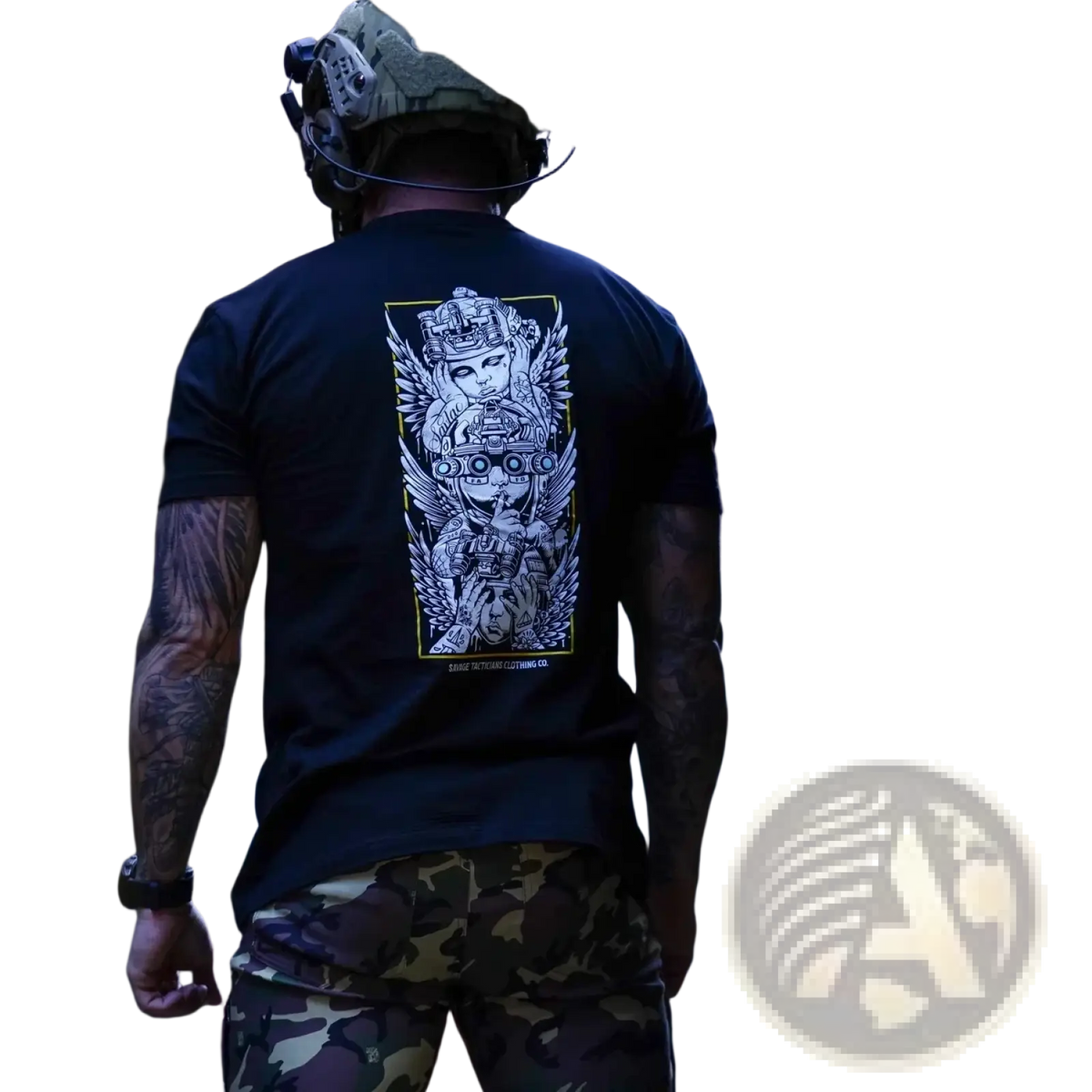 Black cotton tactical angel graphic t shirt showing the detailed white and yellow angelic figure design on the back
