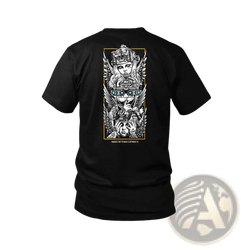 Black cotton tactical angel graphic t-shirt with white and gold stylized figure wings goggles and tactical gear design