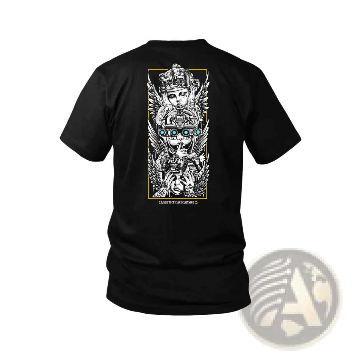 Black cotton tactical angel graphic t-shirt with white and gold stylized figure wings goggles and tactical gear design