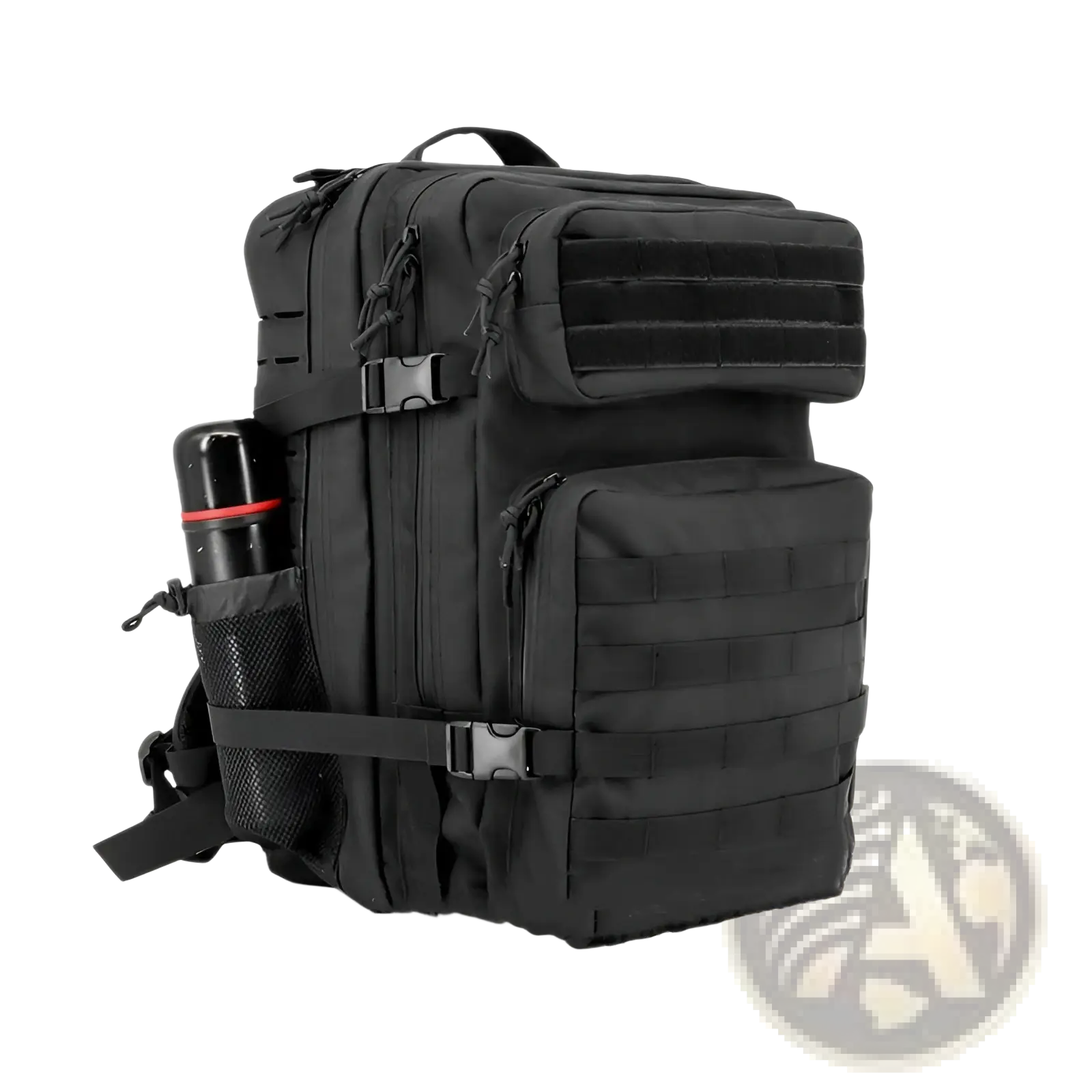 Black tactical backpack with large capacity multiple compartments and adjustable straps designed for outdoor hiking durability