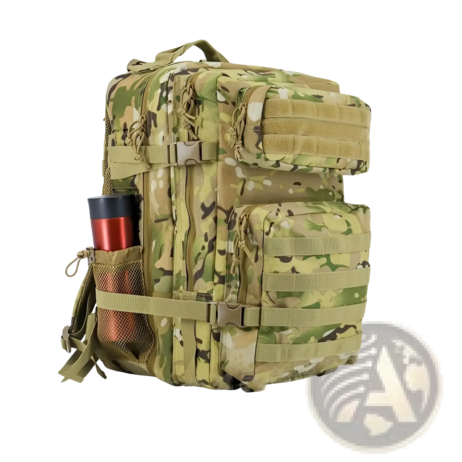 Camouflage-patterned tactical backpack with large capacity in olive green brown and tan for outdoor hiking use