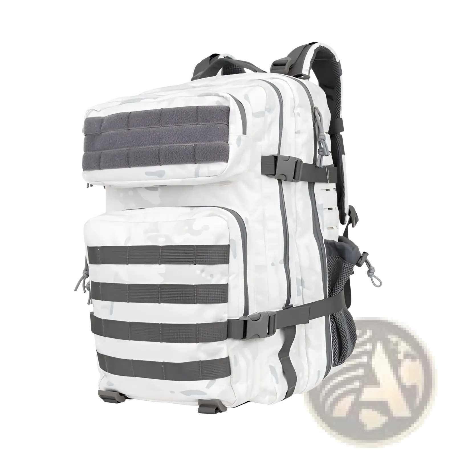 White and gray camouflage tactical backpack with black webbing straps and buckles large capacity for outdoor hiking