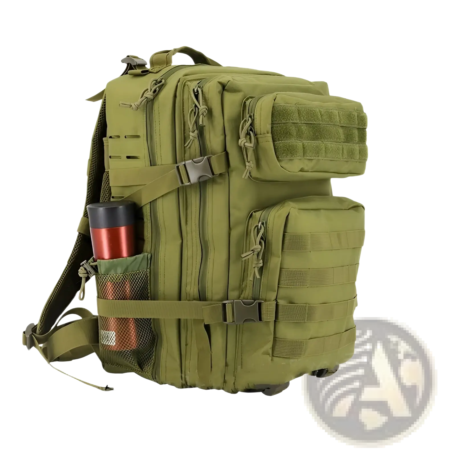 Olive green tactical backpack large capacity outdoor hiking bag with multiple compartments adjustable straps and red thermos in mesh pocket