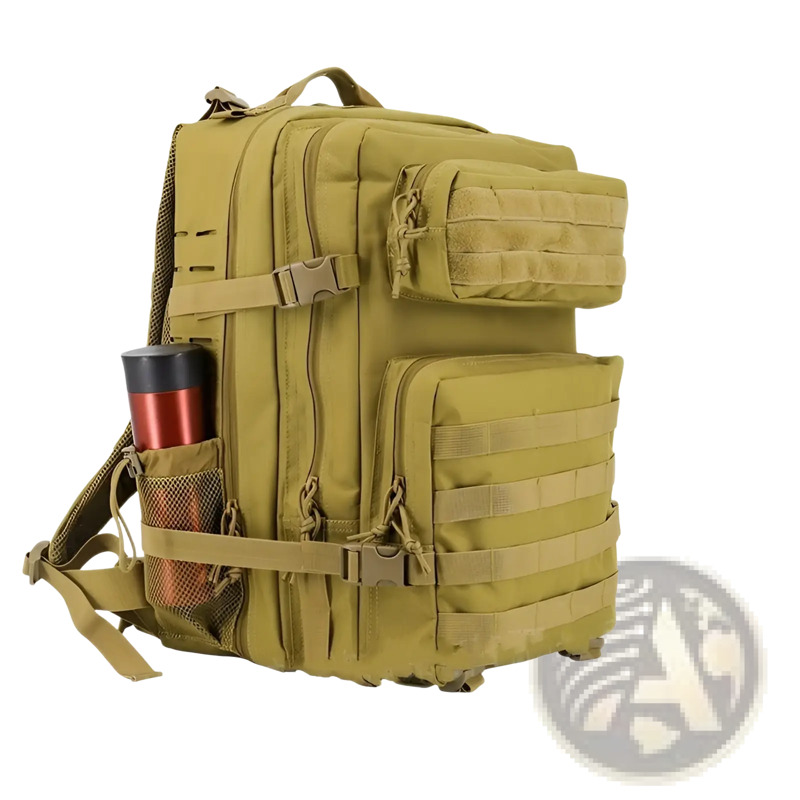 Tan tactical backpack with multiple compartments and adjustable straps for large capacity outdoor hiking use
