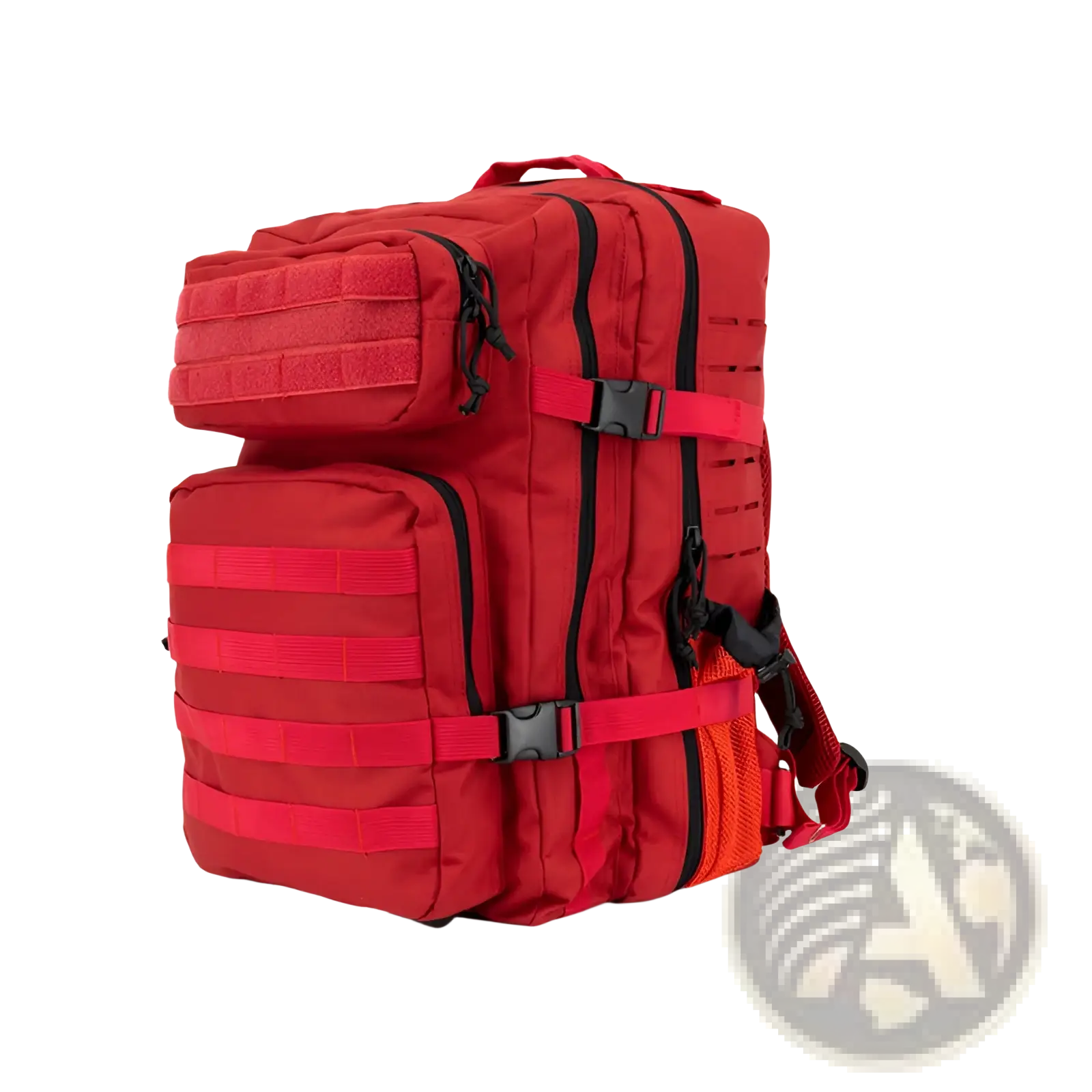 Red tactical backpack with black zippers and straps featuring rugged design and multiple compartments for outdoor hiking