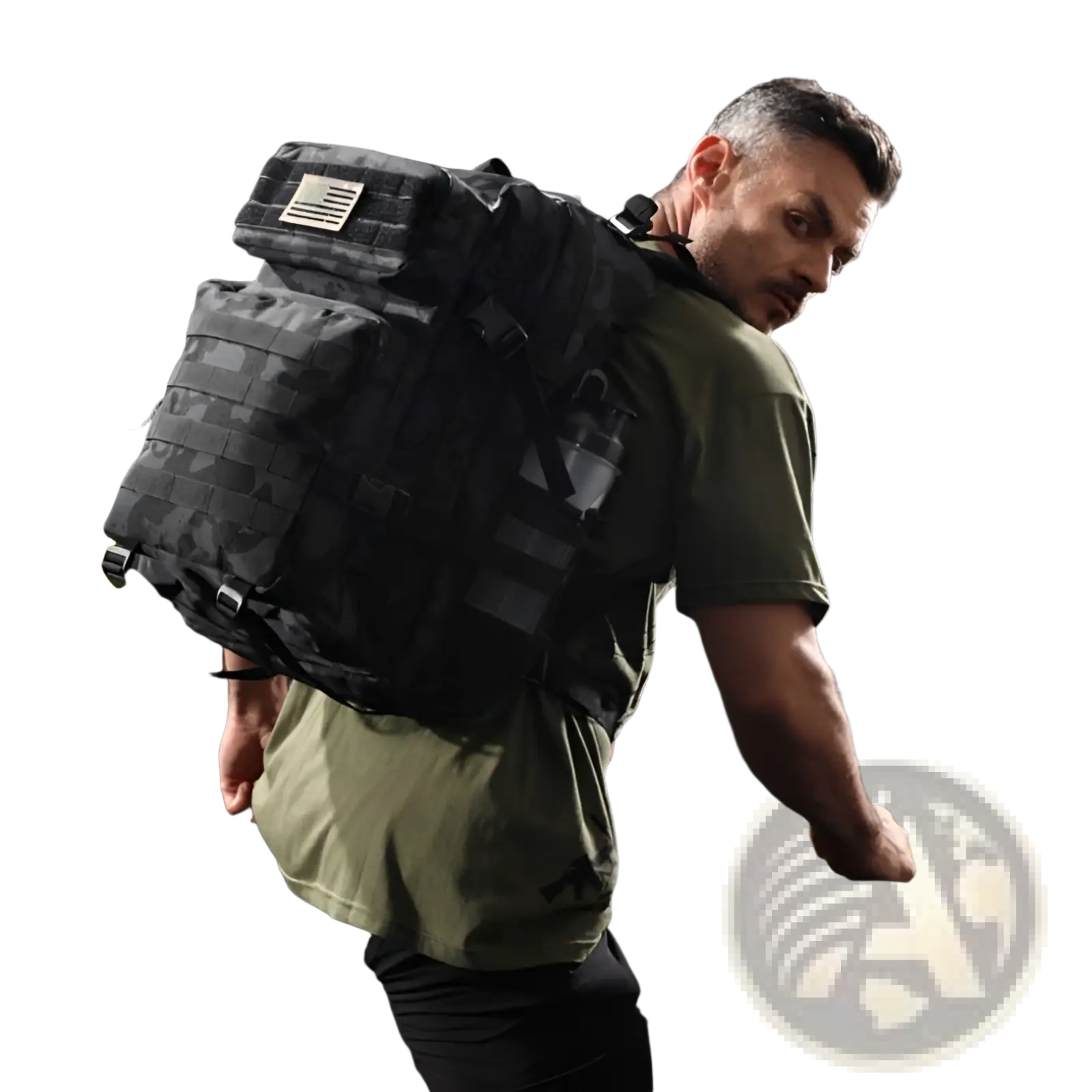 Black tactical backpack with camouflage pattern and American flag patch large capacity for outdoor hiking use
