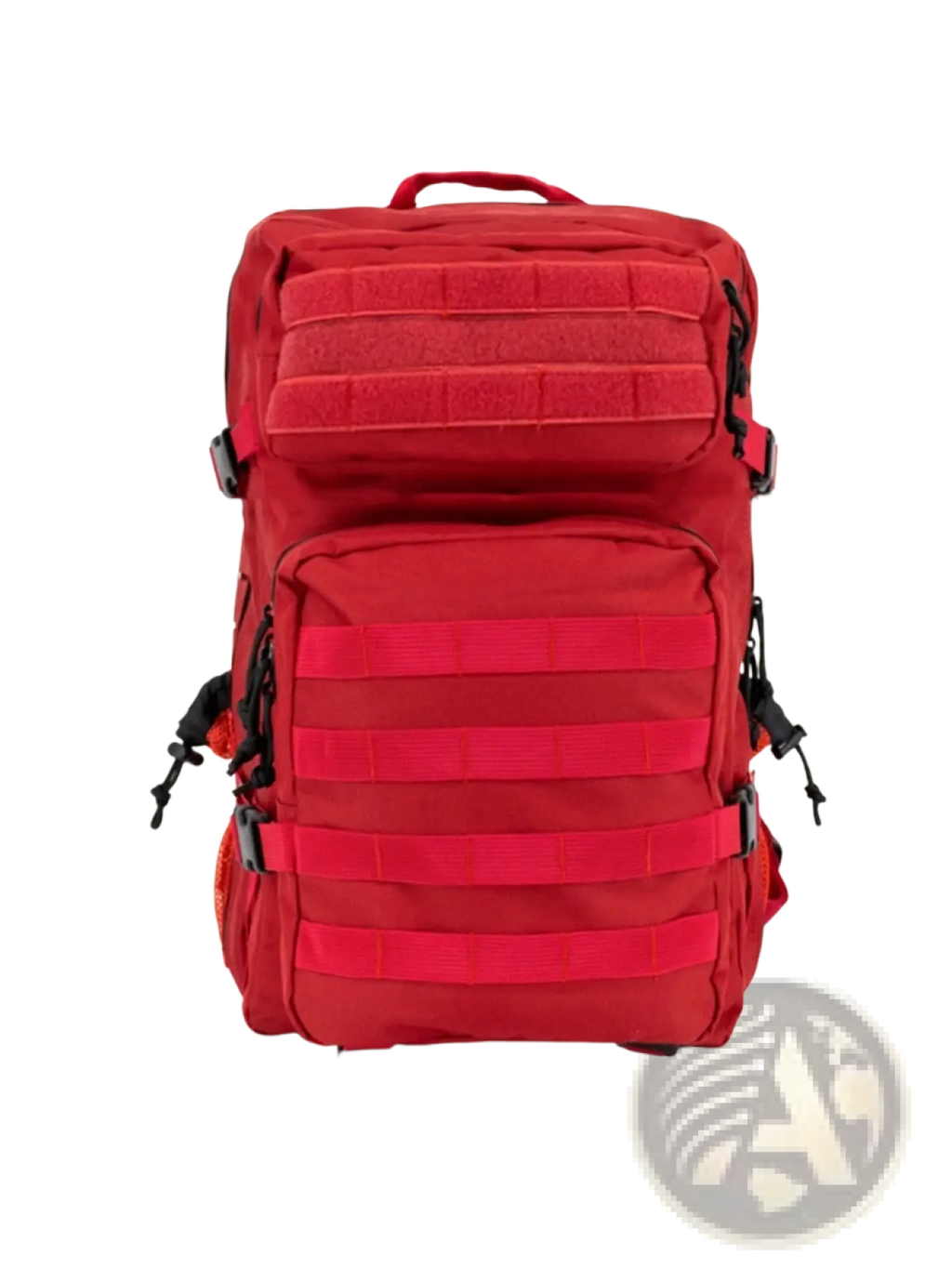 Red tactical backpack with large capacity and multiple horizontal webbing straps for outdoor hiking use