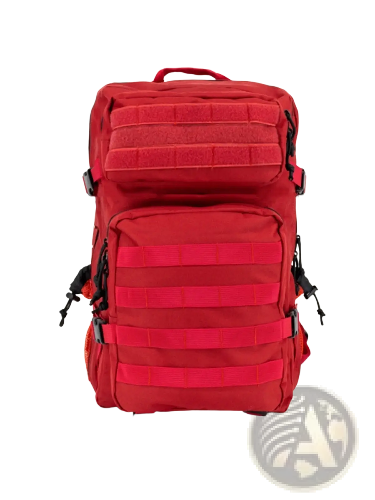 Red tactical backpack with large capacity and multiple horizontal webbing straps for outdoor hiking use