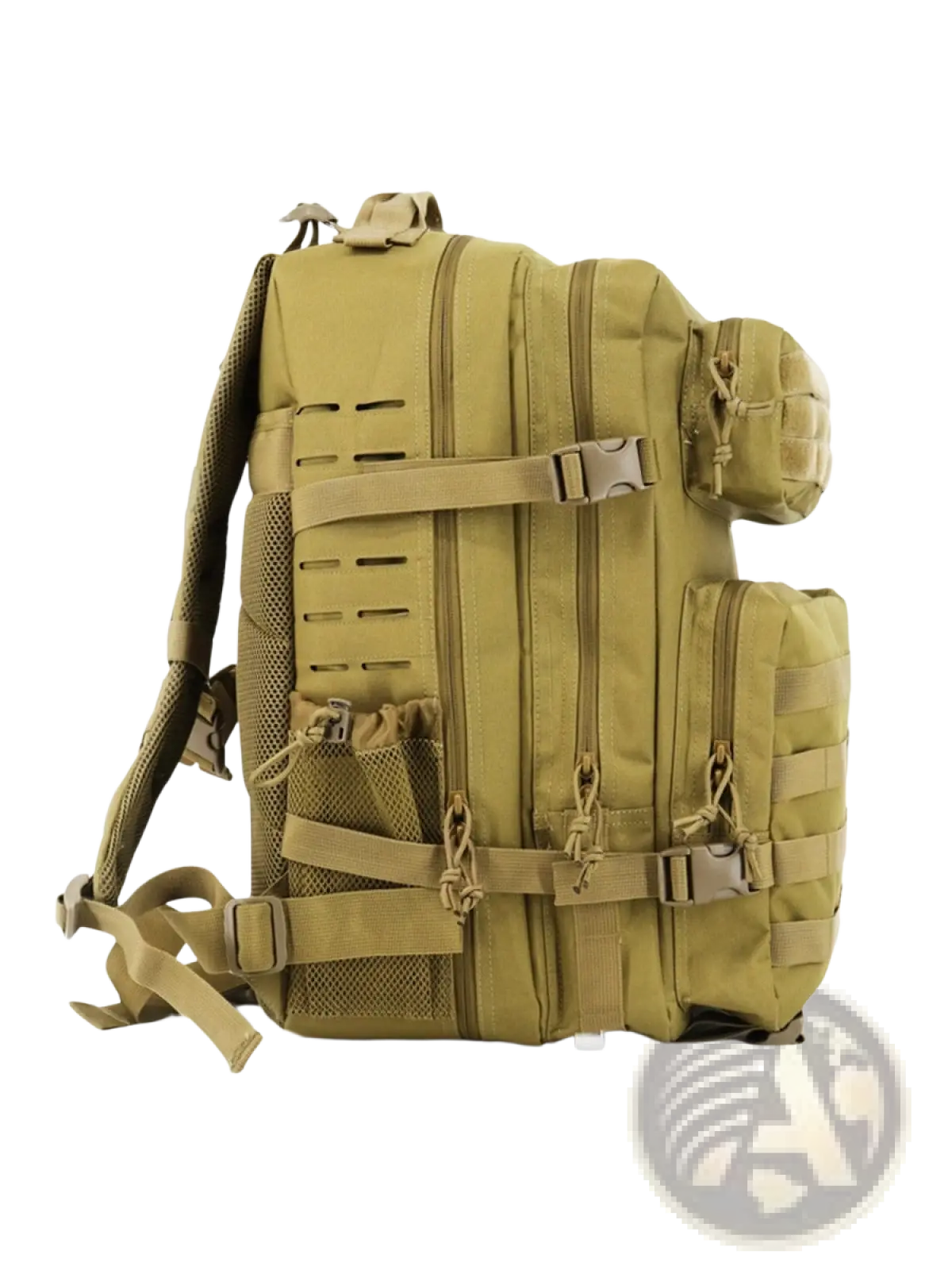 Tan tactical backpack with large capacity, multiple zippered compartments, mesh side pockets, and adjustable straps for hiking