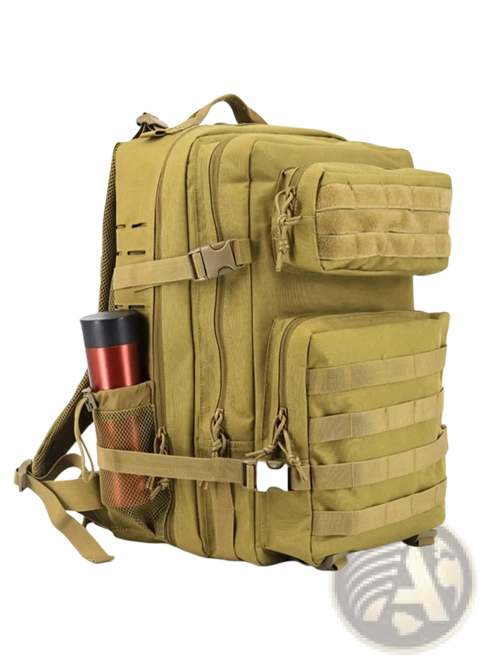 Tan tactical backpack large capacity outdoor hiking bag with multiple compartments webbing straps and mesh side pocket holding red thermos