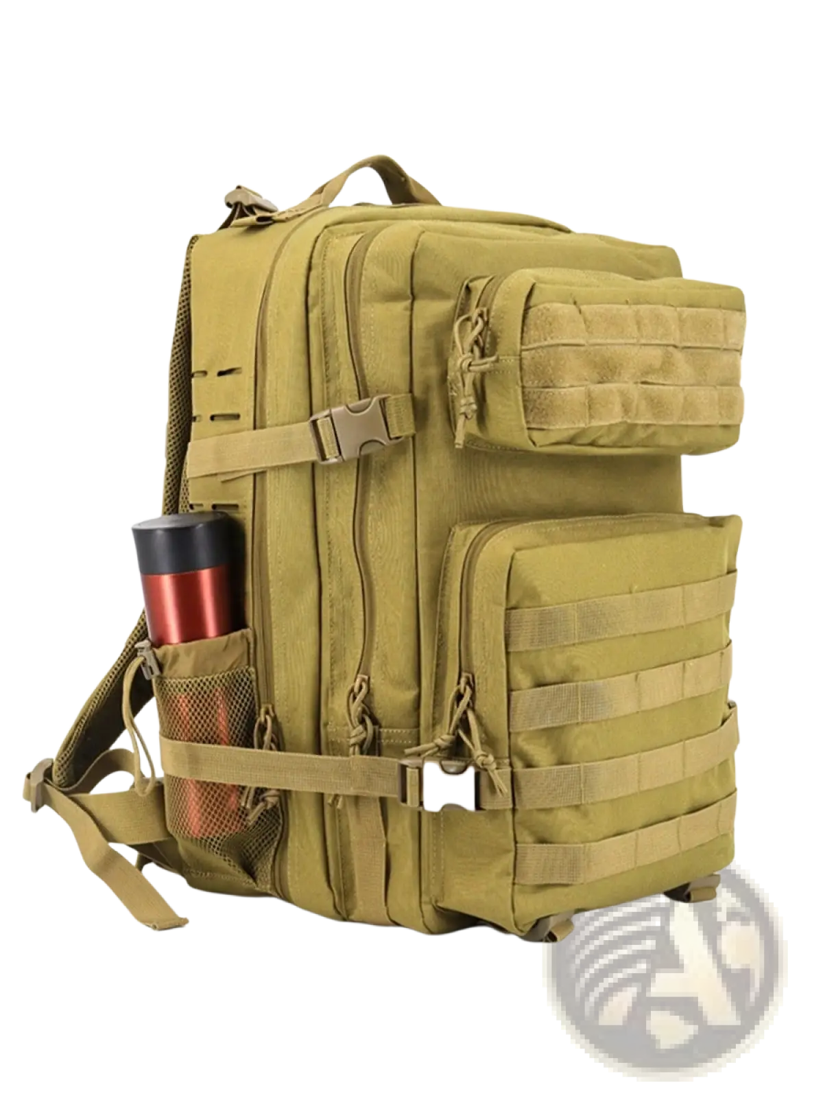 Tan tactical backpack large capacity outdoor hiking bag with multiple compartments webbing straps and mesh side pocket holding red thermos