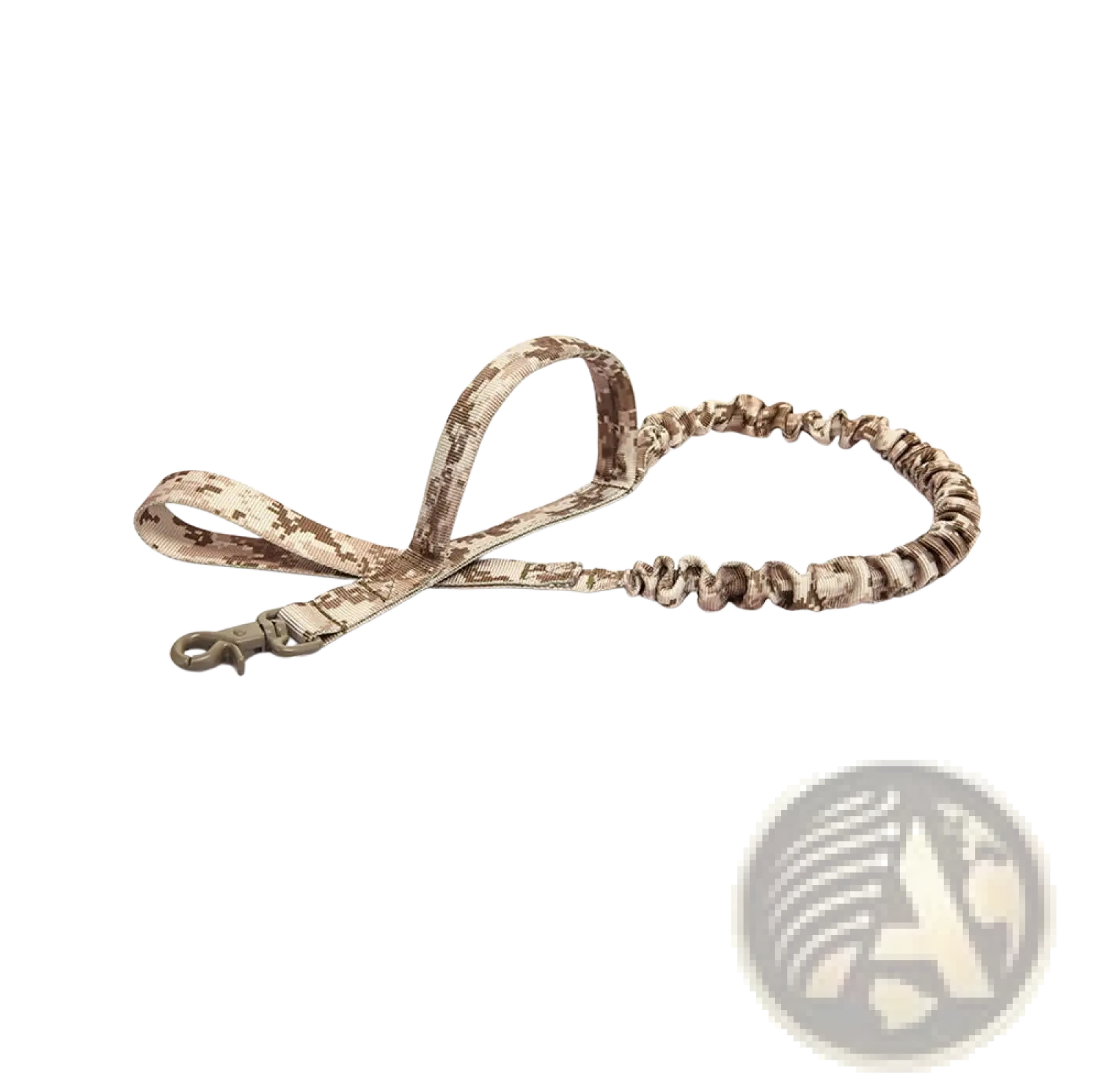 Tactical bungee dog leash in tan and beige digital camouflage with elasticated section and metal clip for durable use