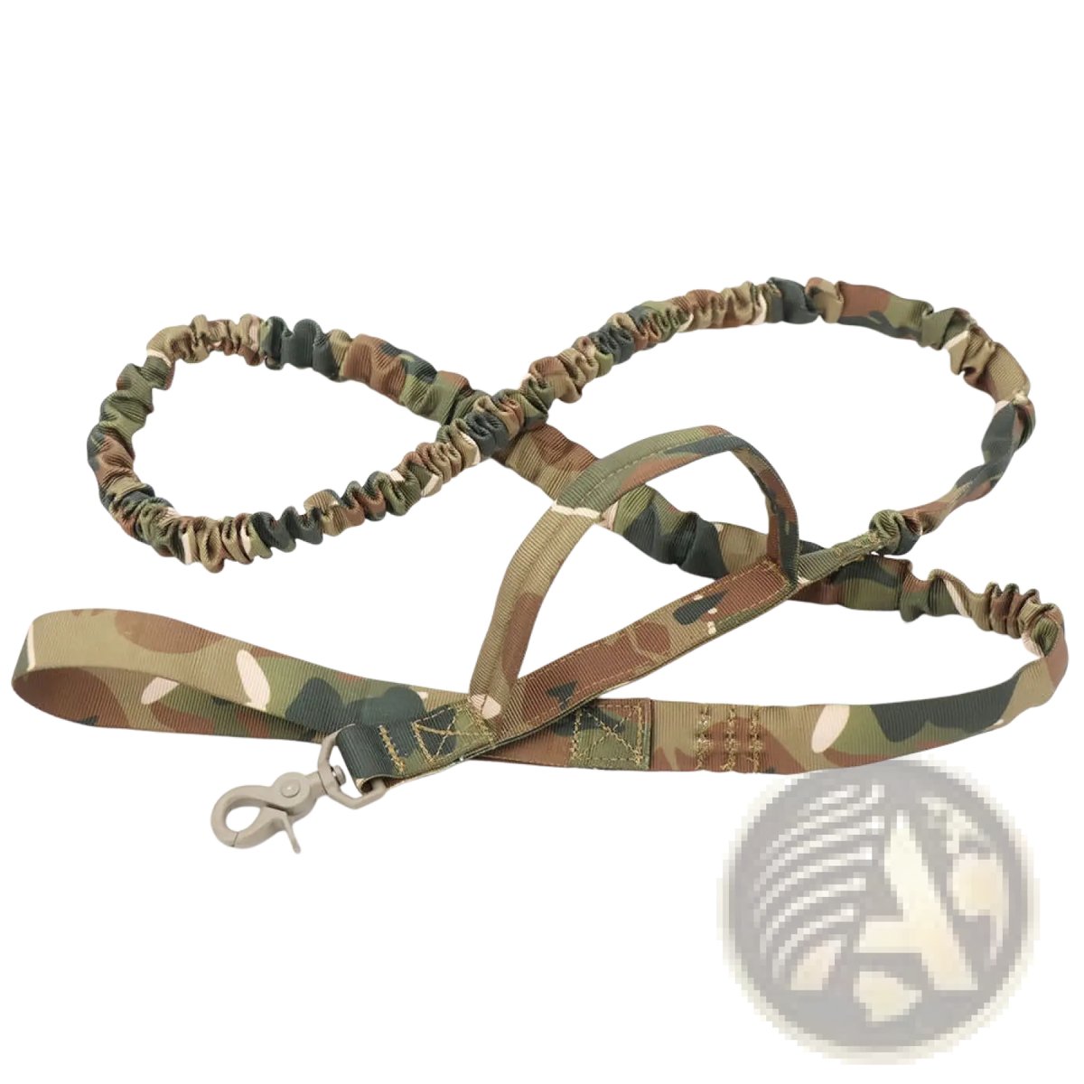 Tactical bungee dog leash in camouflage pattern with elastic design, sturdy metal clip, and reinforced fabric handle