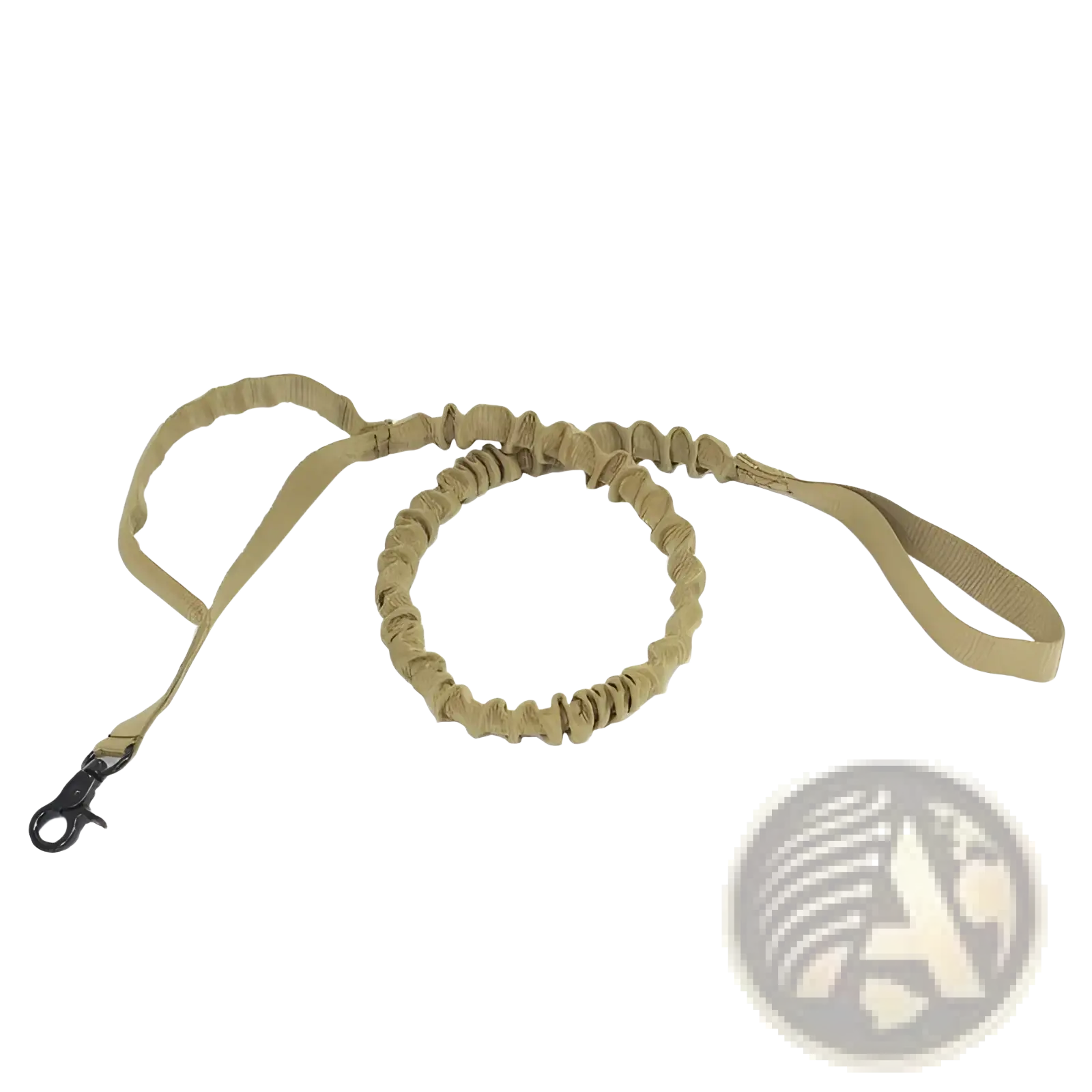 Tan tactical bungee dog leash with black metal clip and elastic ribbed middle section for pet control