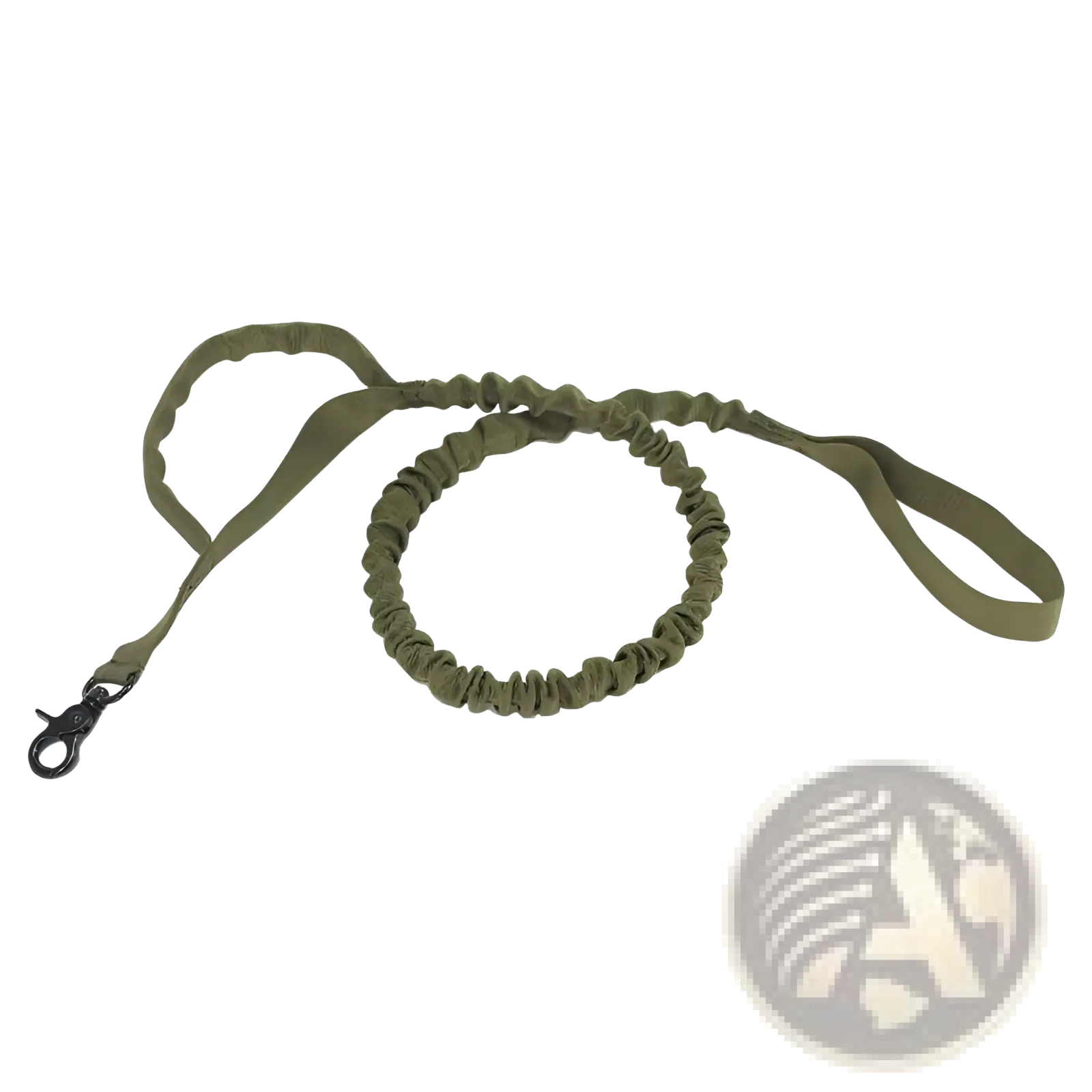 Olive green tactical bungee dog leash with elastic material and black metal clip for secure pet control