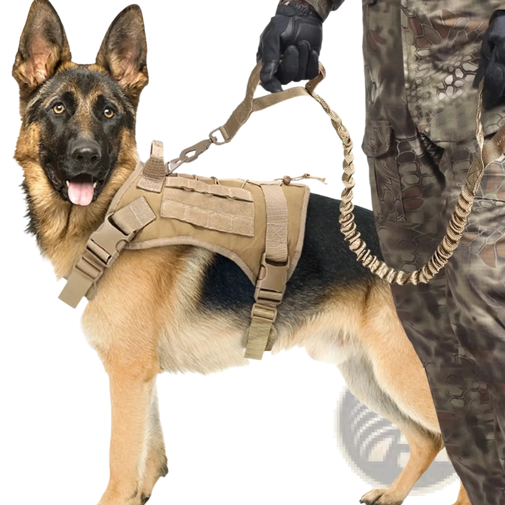 Tan tactical dog harness with adjustable straps and multiple utility pockets shown from the back side