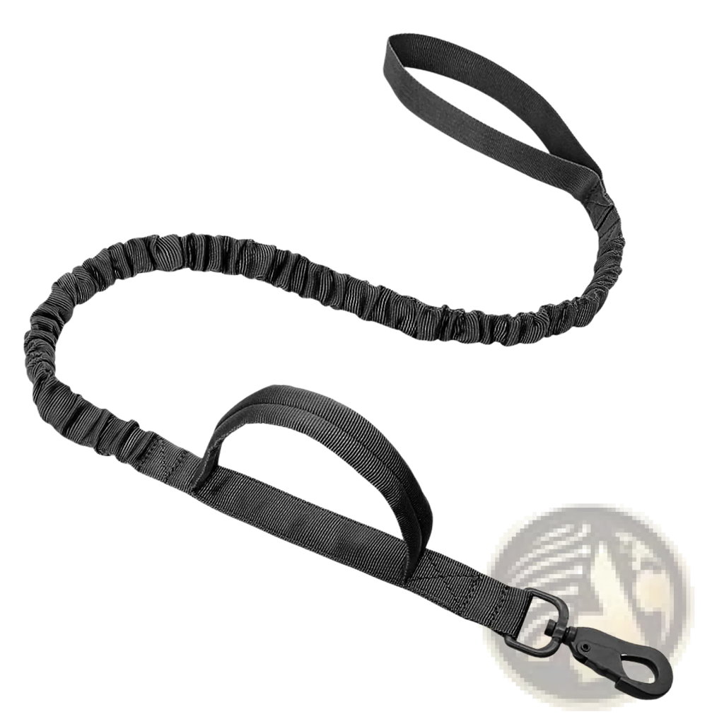 Black tactical bungee dog leash with elastic cord, sturdy webbing handle, and metal clip for dual control use