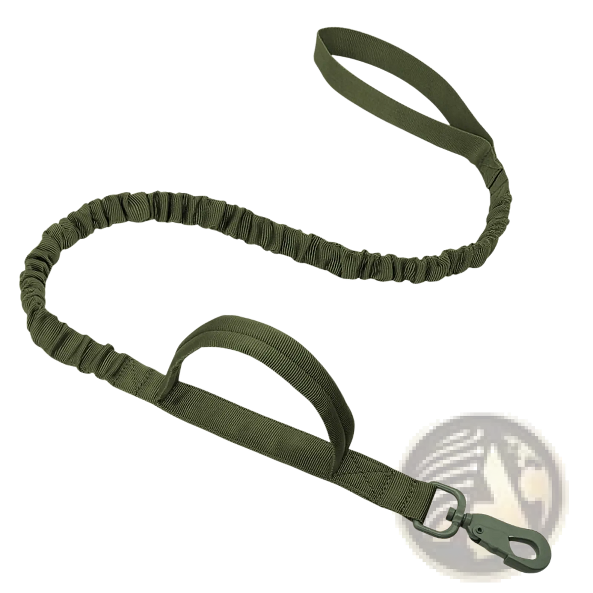 Tactical bungee dog leash in olive green with elastic cord, sturdy webbing handle, and metal clip for dual control use