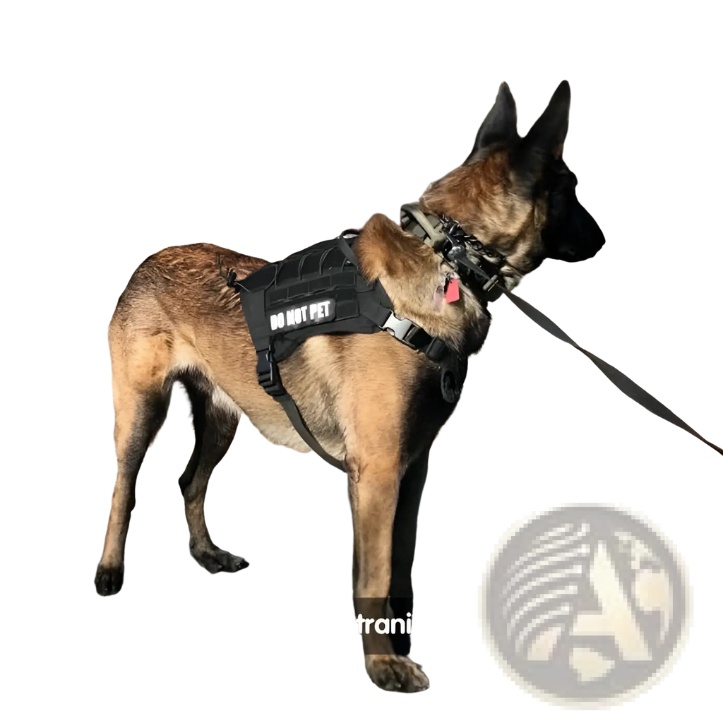 A german shepherd wearing a black tactical vest with do not pet print, shown with a tactical bungee dog leash