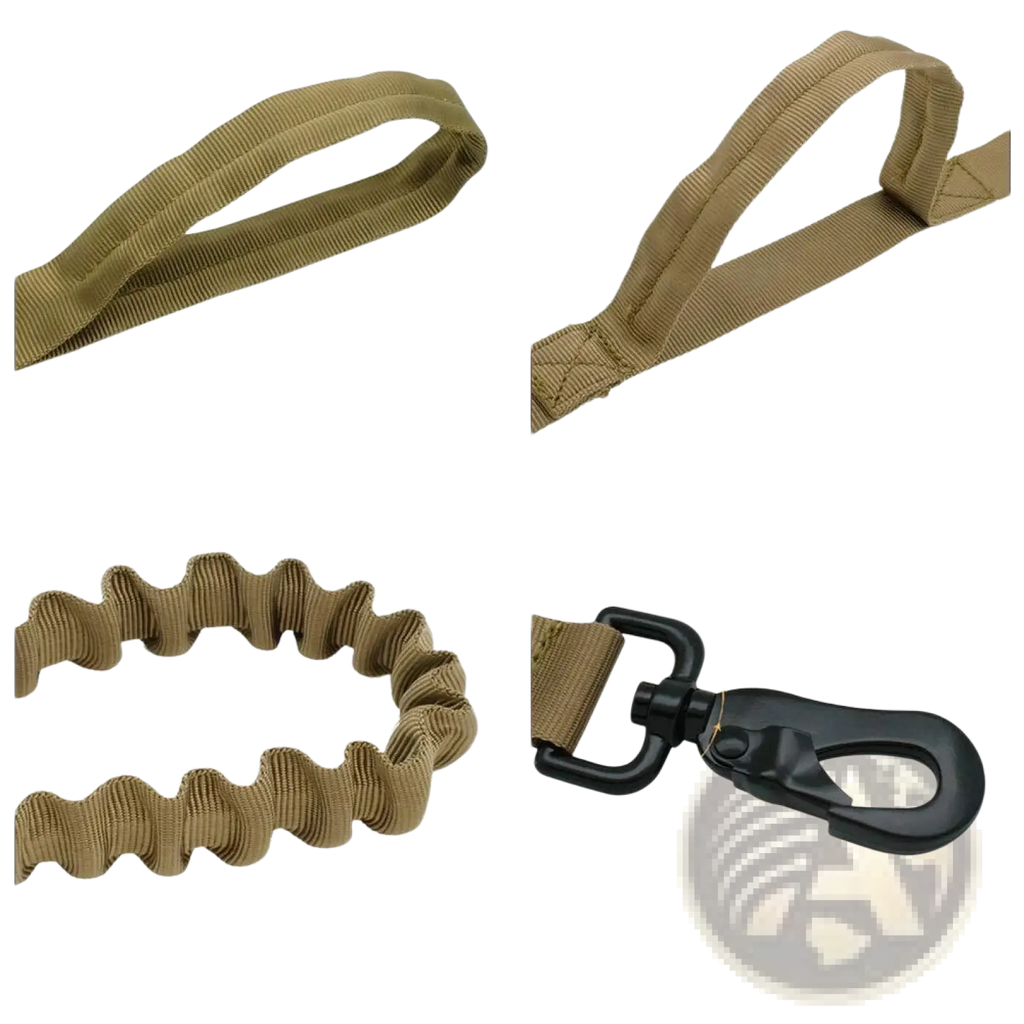 Tan tactical bungee dog leash with dual control handles featuring double nylon, eva cotton handle, elastic buffer, and metal buckle head