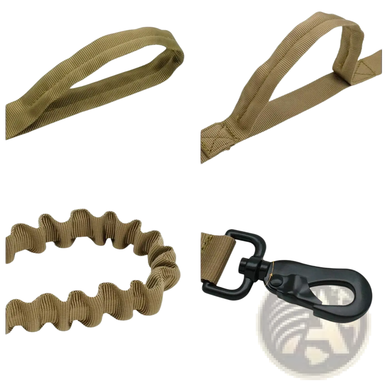 Tan tactical bungee dog leash with dual control handles featuring double nylon, eva cotton handle, elastic buffer, and metal buckle head