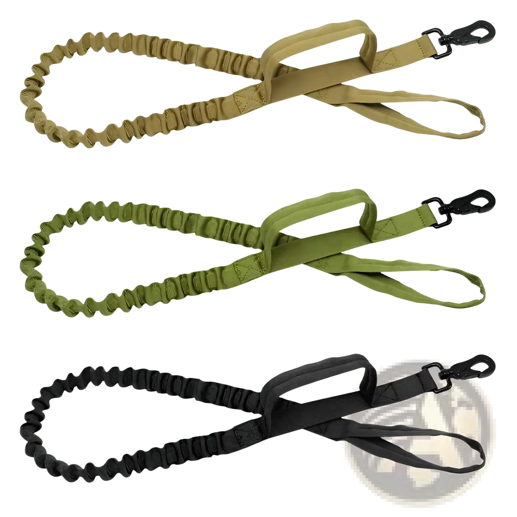 Three tactical bungee dog leashes with dual control handles in yellow green and black elastic material