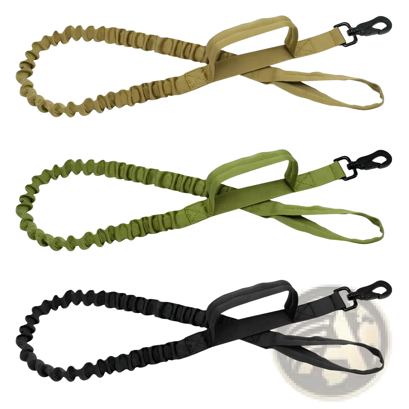 Three tactical bungee dog leashes with dual control handles in yellow green and black elastic material