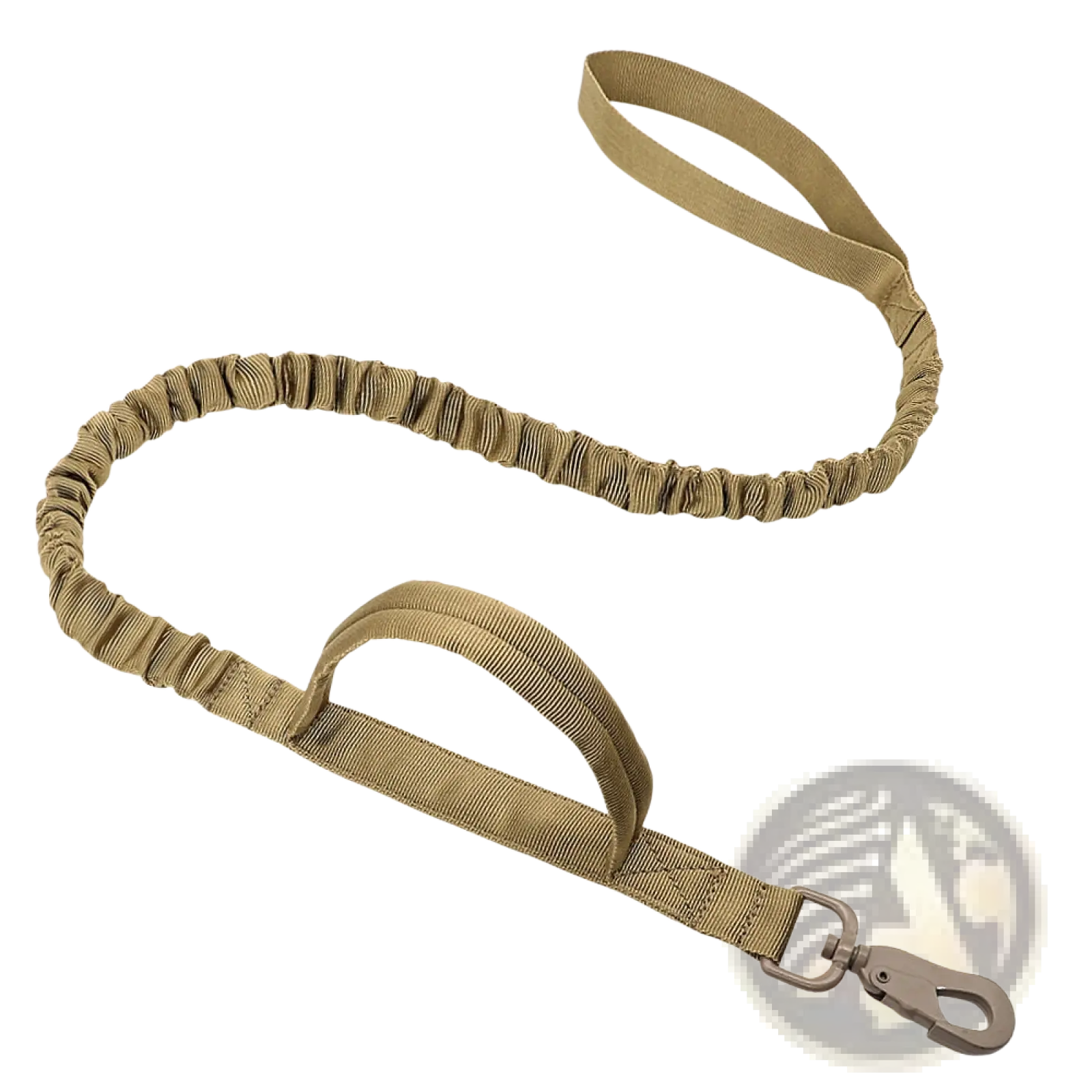 Tactical bungee dog leash in tan with reinforced handle and metal clip for durable dual control use