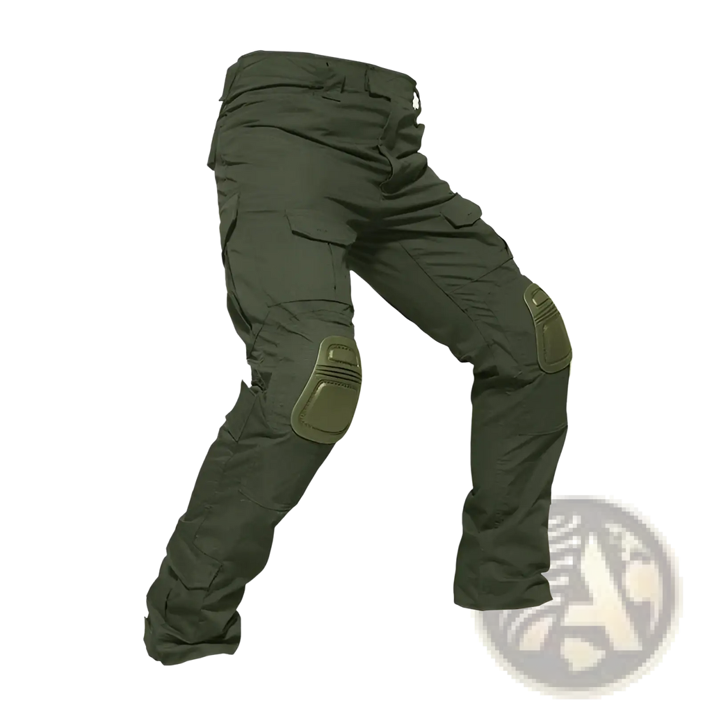 Dark olive green tactical camouflage cargo pants for men with reinforced knee pads and multiple cargo pockets