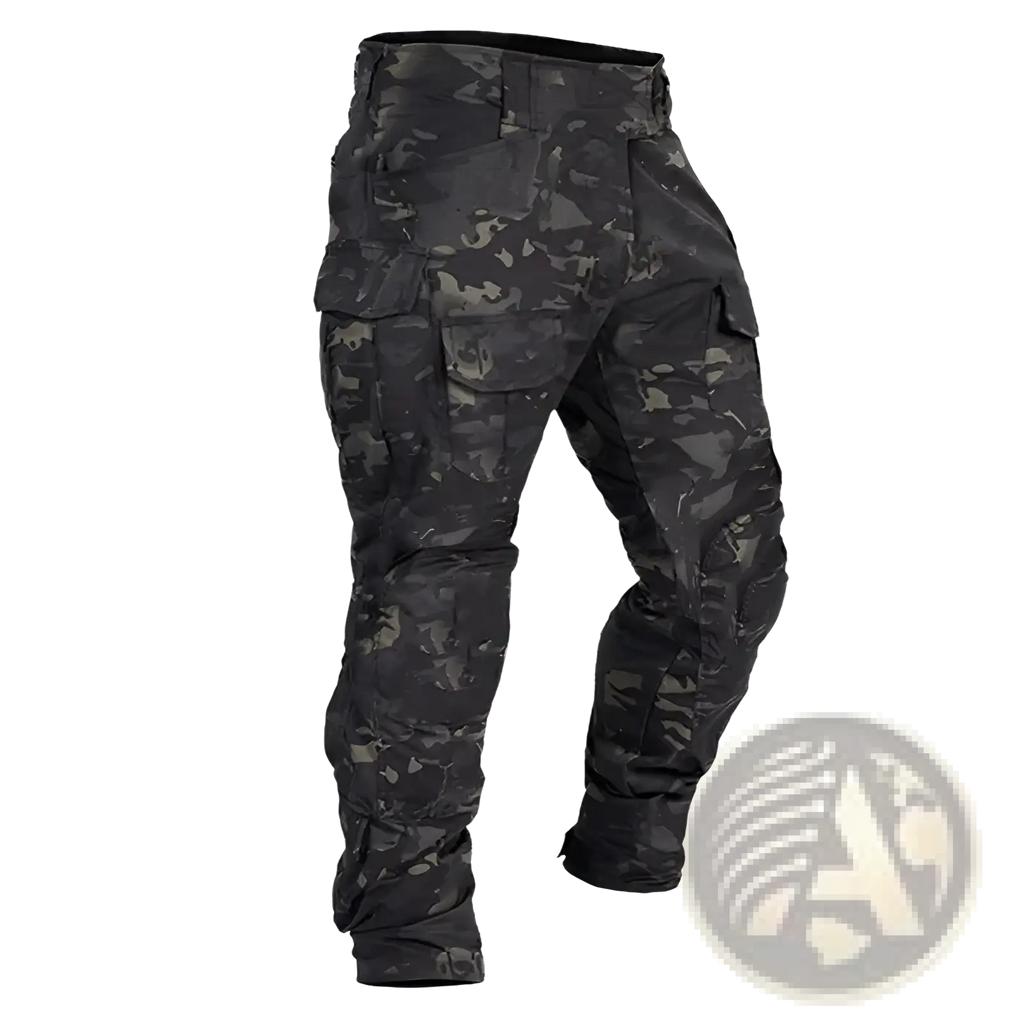 Tactical camouflage cargo pants for men in black and gray digital camouflage with multiple cargo pockets