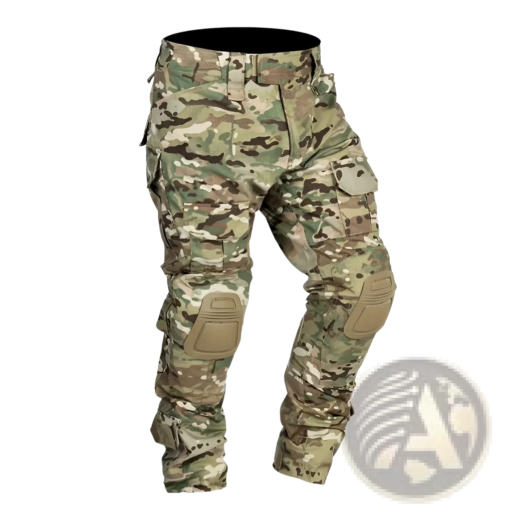 Tactical camouflage cargo pants for men in multicam pattern with reinforced knee pads and multiple pockets
