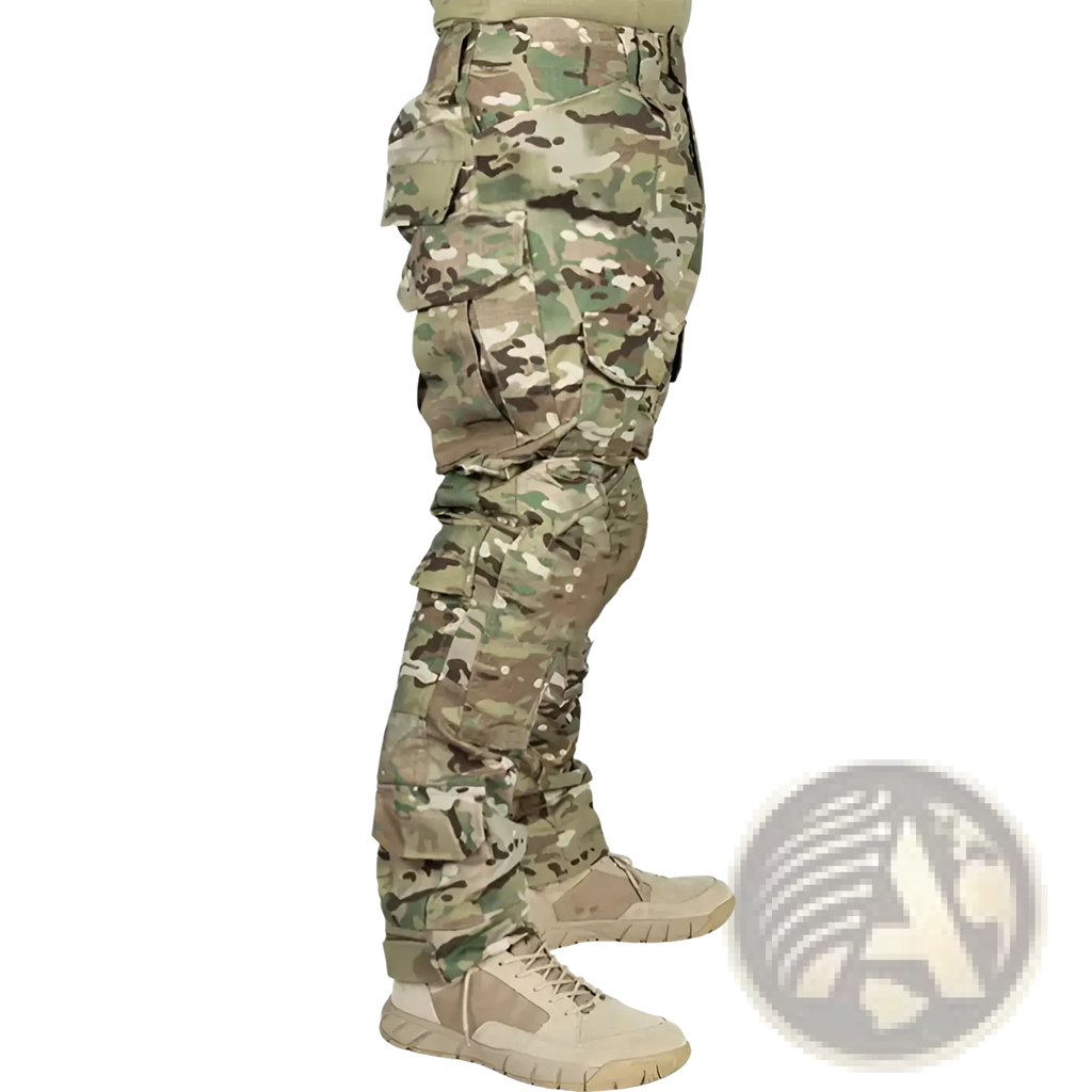 Tactical camouflage cargo pants for men in multicam pattern with multiple cargo pockets and durable fabric